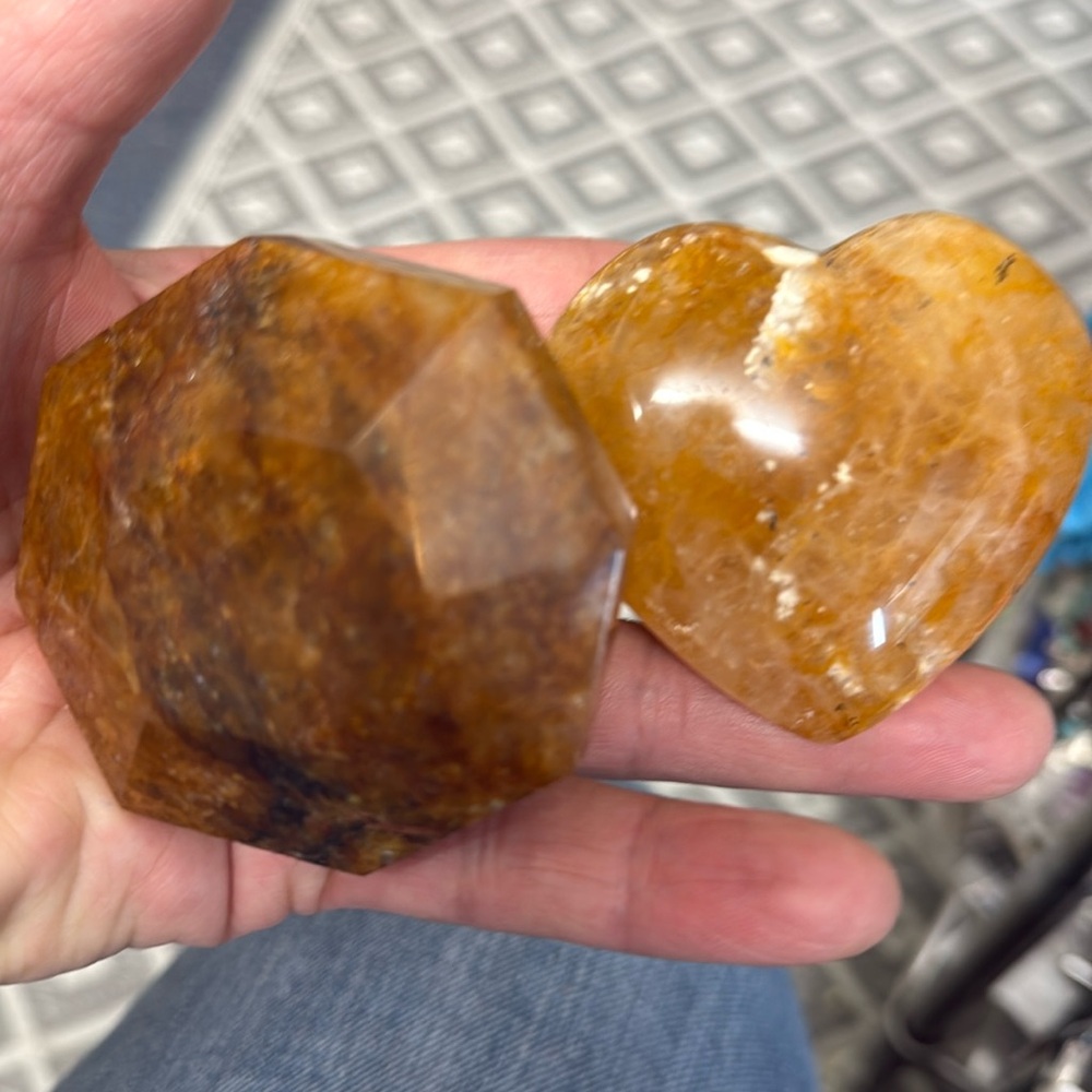 Polished Golden Healer Heart and Faceted Stone Set - Natural Orange Tones